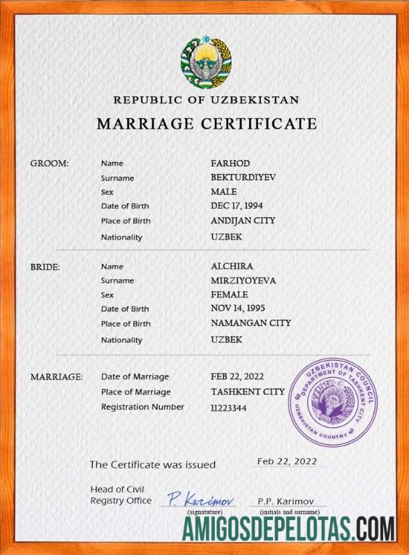 Imprimível modelo PSD de certidão de casamento no Uzbequistão